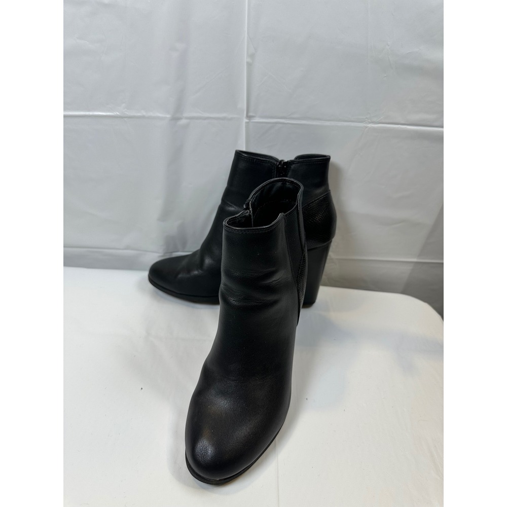 Black Ankle Boots Block Heel Side Zip Snakeskin Detail Booties Round‎ Toe
